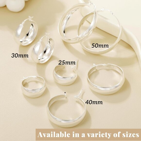 Women's Lightweight Plated Sterling Thick Hoop Silver Chunky Large Earrings - Picture 7 of 7